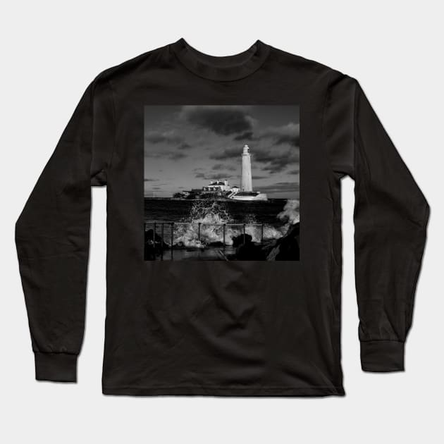 Saint Mary's Lighthouse In Monochrome Long Sleeve T-Shirt by axp7884